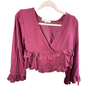 Nikki Erin Pink Magenta V-Neck Long Sleeve Ruffle Cropped Top Sz Small Boho